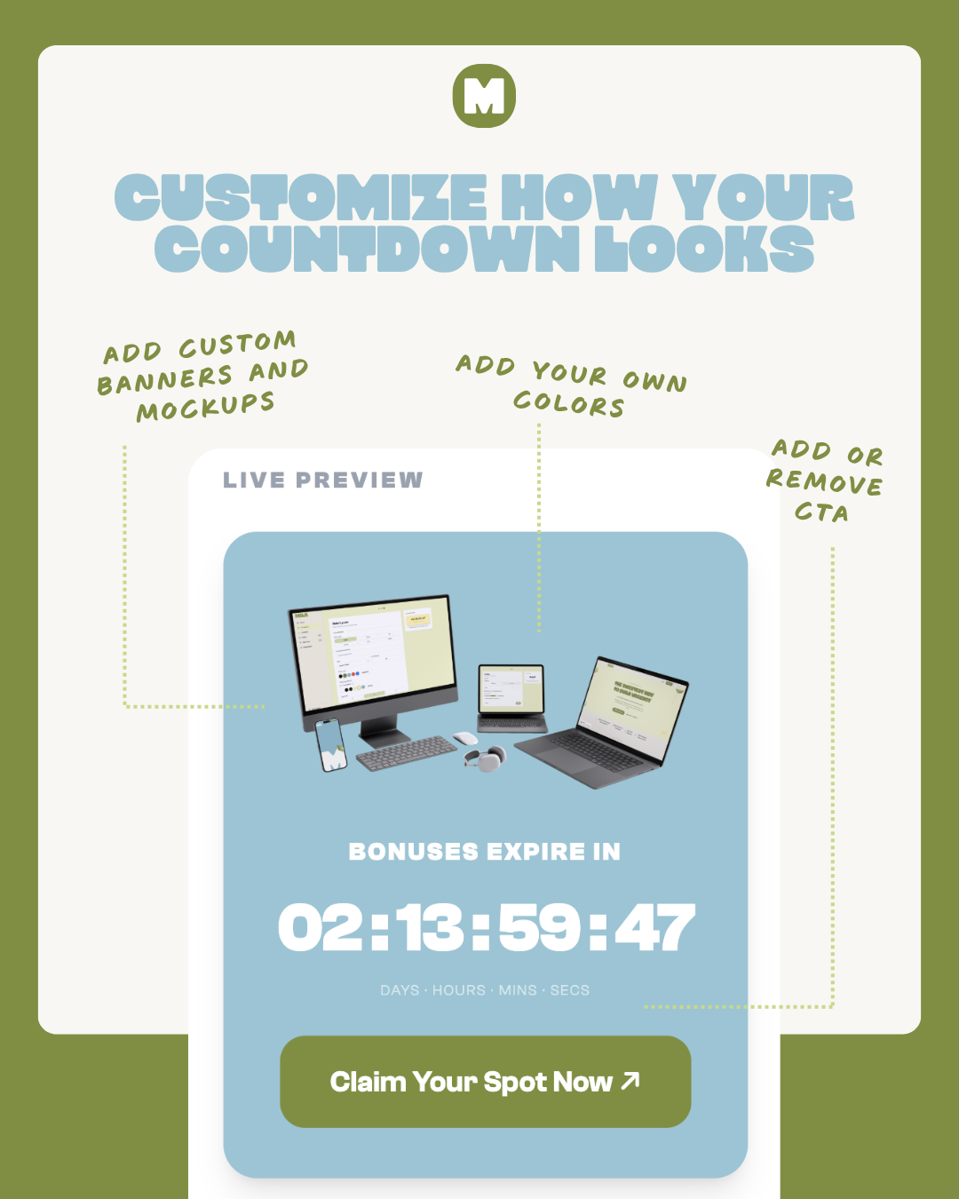 Mila branded countdown timer — custom banner, colors, and CTA button in the live preview